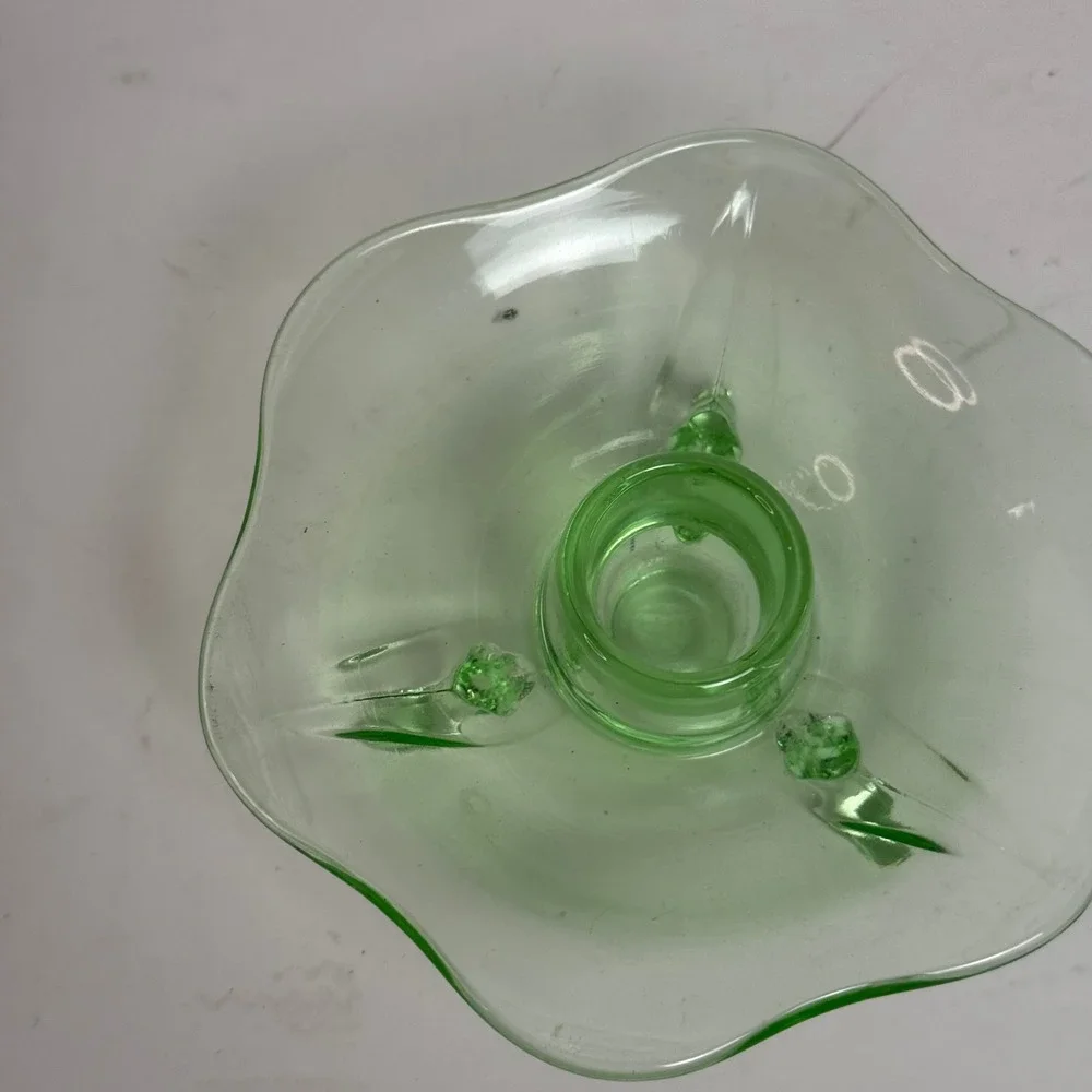 Fenton Uranium Glass Lotus 6 Petal 3 Footed Green Candle Holder UV Reactive
